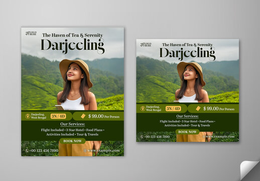 Editable Darjeeling Travel Social Media Post Template Set with The Haven of Tea and Serenity Message and Female Tourist Photo for Holiday Package Offers and Tour Promotion.