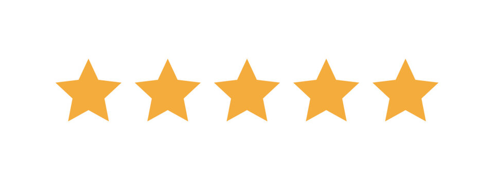 Five yellow or orange rating stars icon. 5 gold stars vector sign