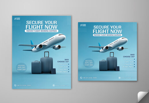 Editable Flight Ticket Booking Social Media Post Template Set with Airplane and Travel Luggage on Blue Background for Travel Agency Promotion Offer.