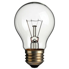 A clear incandescent lightbulb glows, showcasing its filament and intricate metal base