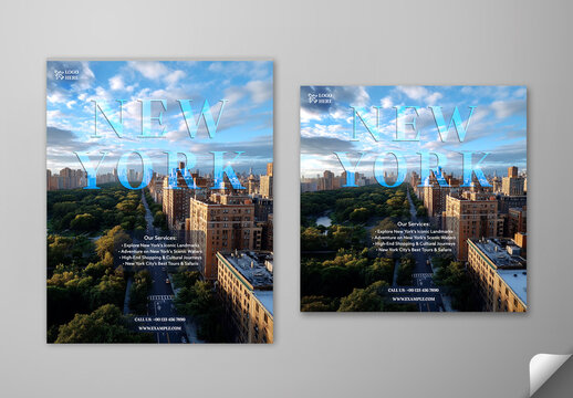 Editable New York City Travel Social Media Post Template Set with Skyline and Central Park Aerial View for Tourism Promotion and Holiday Tour Offer.