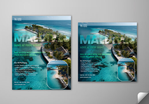 Editable Maldives Travel Social Media Post Template Set with Overwater Villas and Tropical Paradise for All Inclusive Packages Offer.