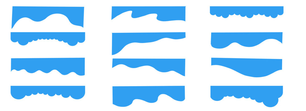 Simple wavy divider web site separator set. Fluffy curve edge header section. Blue border for banner, frame bottom, template
