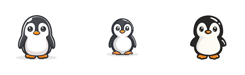 Fototapeta premium A charming baby penguin icon designed with rounded shapes and glossy eyes in a clean vector cartoon style, centered on a pure white background.