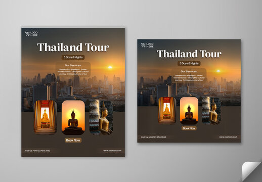 Editable Thailand Tour Travel Social Media Post Template Set with Buddhist Temple and Sunrise Over City Skyline for Tourism Promotion.