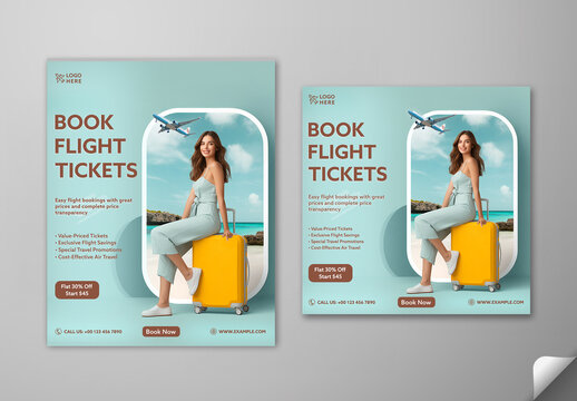 Editable Flight Ticket Booking Social Media Post Template Set with Airplane and Female Tourist Sitting on Luggage for Travel Agency Promotion Offer.
