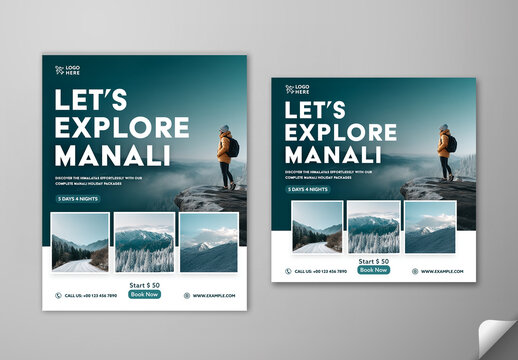 Editable Explore Manali Travel Social Media Post Template Set with Female Tourist Watching Fog in Snow Valley for Winter Tour Package Promotion.