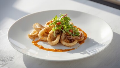 Crispy calamari with zesty tomato sauce and greens