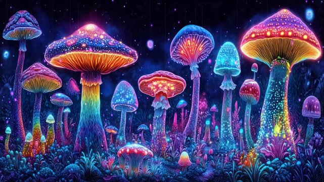 A fantastical scene of glowing mushrooms in a dark forest, illuminated with vibrant colors
