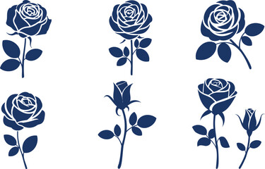 Six dark blue rose silhouettes on white background