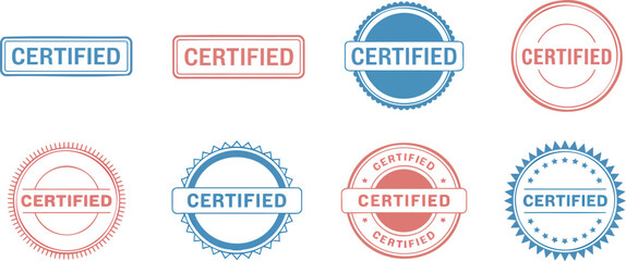 Collection of eight certified stamps in blue and red