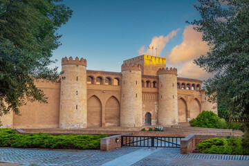Medieval Aljafer&iacute;a Palace at sunrise in Zaragoza, Spain