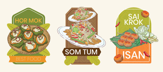 Authentic Thai Street Food Illustration Set - Hor Mok Steamed Curry, Som Tum Papaya Salad, and Sai Krok Isan Sausage Labels