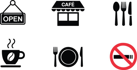 Cafe open sign coffee cup cutlery plate and no smoking symbol