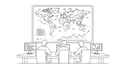 Obraz premium Global Operations Center Team Monitoring World Map and Data.