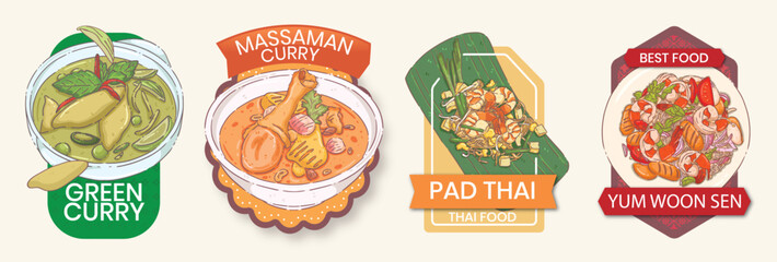 Authentic Thai Cuisine Illustration Set - Green Curry, Massaman Chicken, Pad Thai, and Spicy Glass Noodle Salad Labels