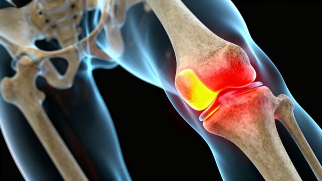 Human knee joint anatomy with highlighted pain area