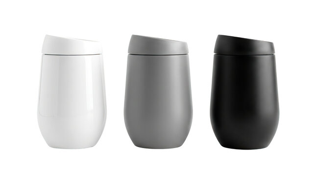 Three modern insulated tumblers in white gray and black arranged side by side on a pure white background cutout