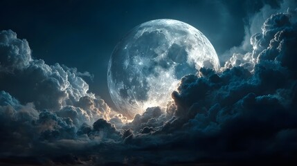 Large moon in cloudy night sky