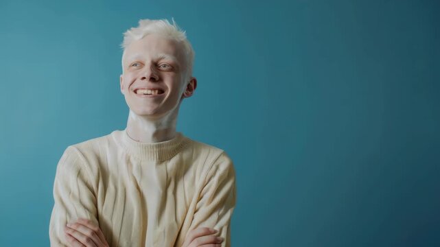 A person with blonde hair smiling and having their hands crossed in front of their chest. The individual is wearing a light-colored top.