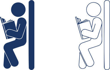 Blue and outline figures reading books against vertical bars