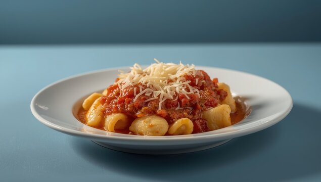 Delicious gnocchi in tomato sauce and cheese against a blue backdrop