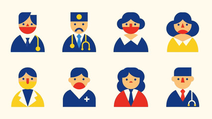 Fototapeta premium diverse essential workers and professionals vector icon set in flat design illustrating various healthcare and corporate roles symbolizing community support.
