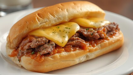 Detailed look at a cheesesteak on a dish