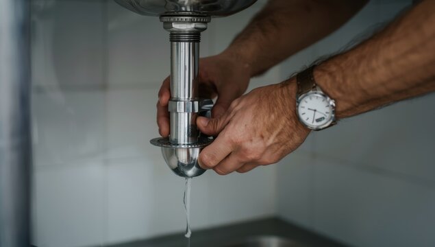 Detailed view of a plumber installing a sink pipe in a home kitchen