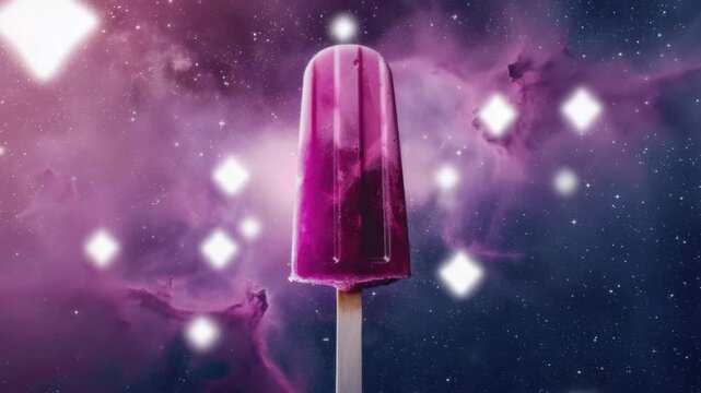 A pink ice cream cone against a vibrant cosmic backdrop.