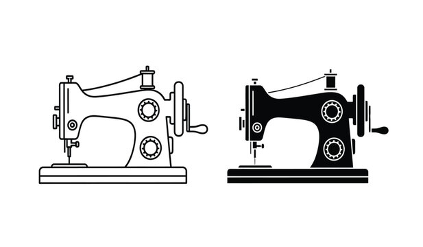 Two vintage sewing machines in black and white line art illustration