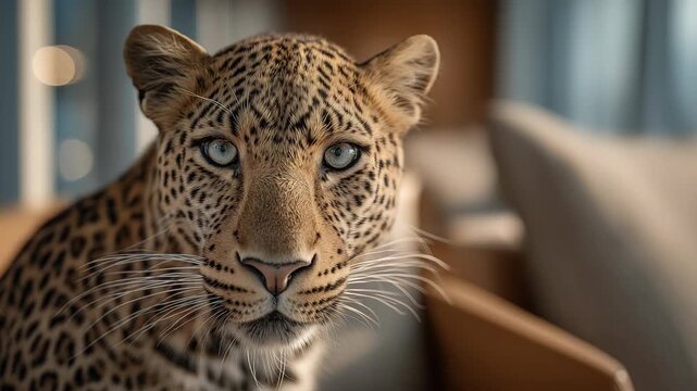 Close-up portrait of a leopard&rsquo;s face inside a living room. Intense eyes and detailed spotted fur contrast with a calm indoor setting, creating a surreal, powerful wildlife-meets-home scene.