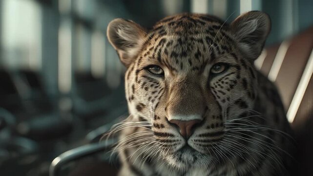 Close-up portrait of a leopard&rsquo;s face inside a living room. Intense eyes and detailed spotted fur contrast with a calm indoor setting, creating a surreal, powerful wildlife-meets-home scene.