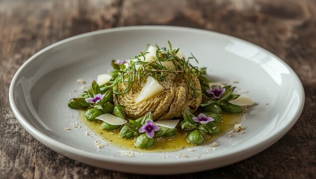 Diced artichoke with fava beans, purslane, grated parmesan, and olive oil