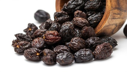 Obraz premium Dried prunes in a wooden bowl on a white background