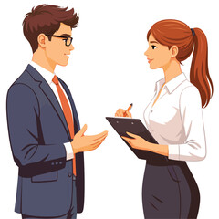 067-48-Two business professionals communicating, having a discussion, and taking notes