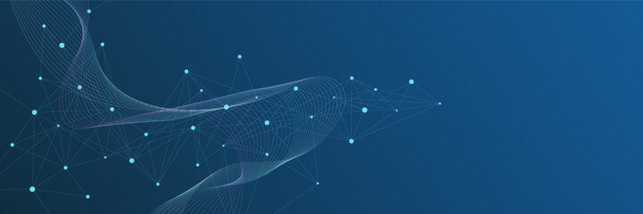 Molecular structure, DNA, atom, neurons and communication. Futuristic network connection with plexus and wave flow design. Suitable for science and technology background. Vector