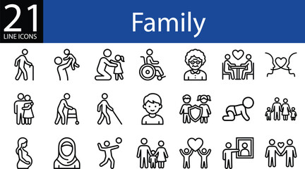 Obraz premium Family line icons collection in minimalist style, parents, children, elderly, diversity, and love
