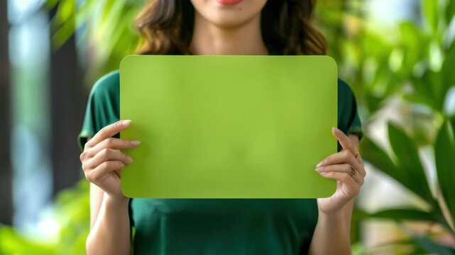 A woman is holding a green sign in the front of her face. The has been altered to emphasize a message or statement on the placard. She appears to be indoors.
