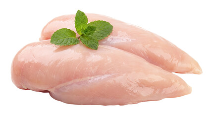 Raw chicken breast fillets with a small green garnish placed on top isolated against a white background object on white and png