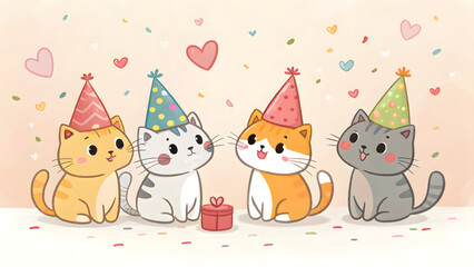 Obraz premium Four cartoon cats in party hats celebrating with gift box isolated on transparent background