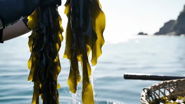 Hands harvesting fresh seaweed from the ocean 4K Video