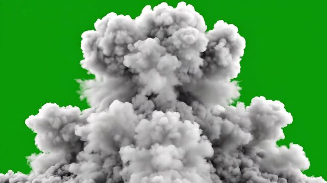 This video showcases a large gray smoke cloud resembling an atomic bomb explosion, isolated against a vibrant green screen background, ideal for compositing visual effects.