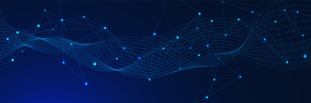 Futuristic high tech plexus and wave flow on dark blue background. Modern big data visualization. Design for communication, network connection, science and technology. Vector