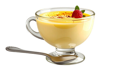 A creamy yellow dessert in a glass cup with raspberry garnish and spoon on black