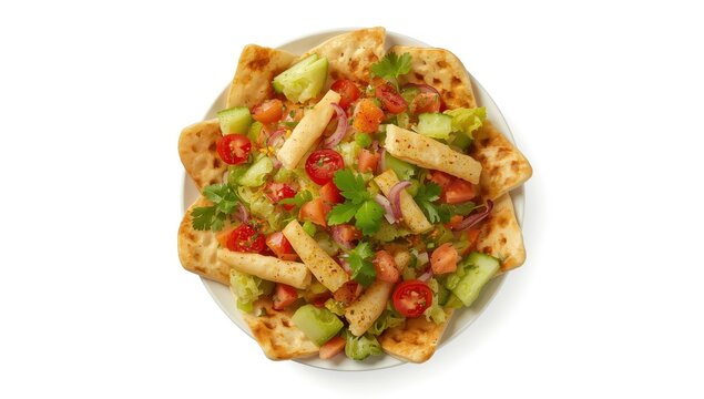 Fattoush salad from Lebanon on a white background, viewed from above