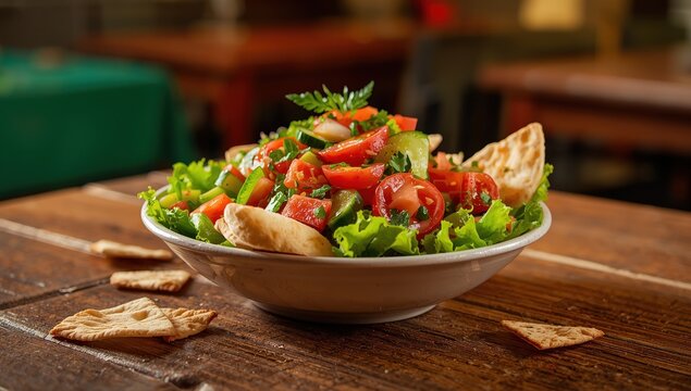 Fattoush salad with vegetables on a wooden table