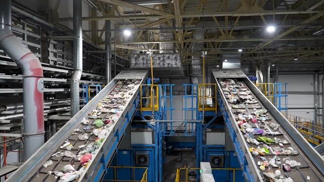 A conveyor belt filled with household waste for recycling is lifted up for sorting.
