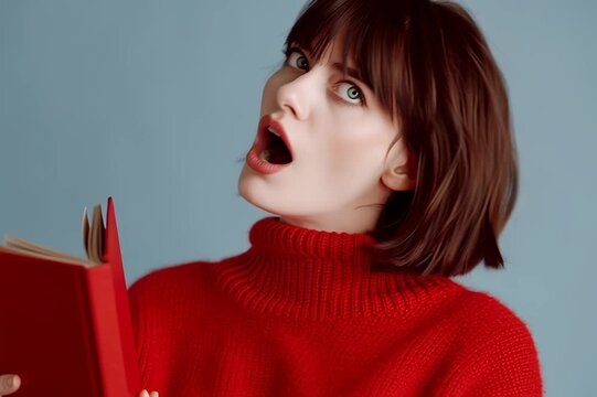 Una joven con expresi&oacute;n de asombro lee un libro rojo abierto.