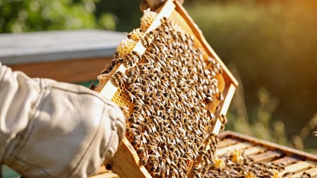 Beekeeper holds honeybee frame with honeycomb in sunny apiary